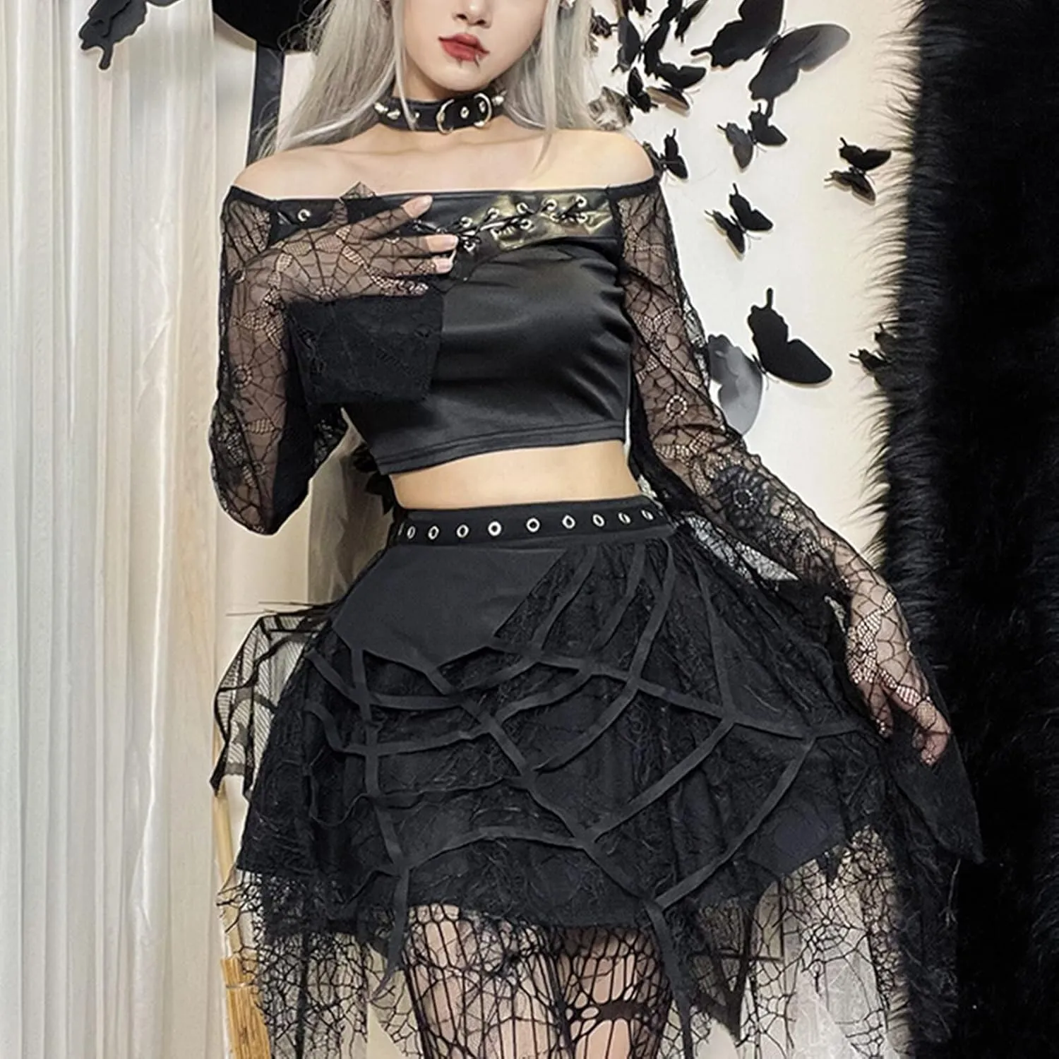 SEAUR Womens Girls Gothic Punk Mini Skirts Fashion High Waisted Y2K Skirt Sexy Tie Up Lace Patchwork Skorts