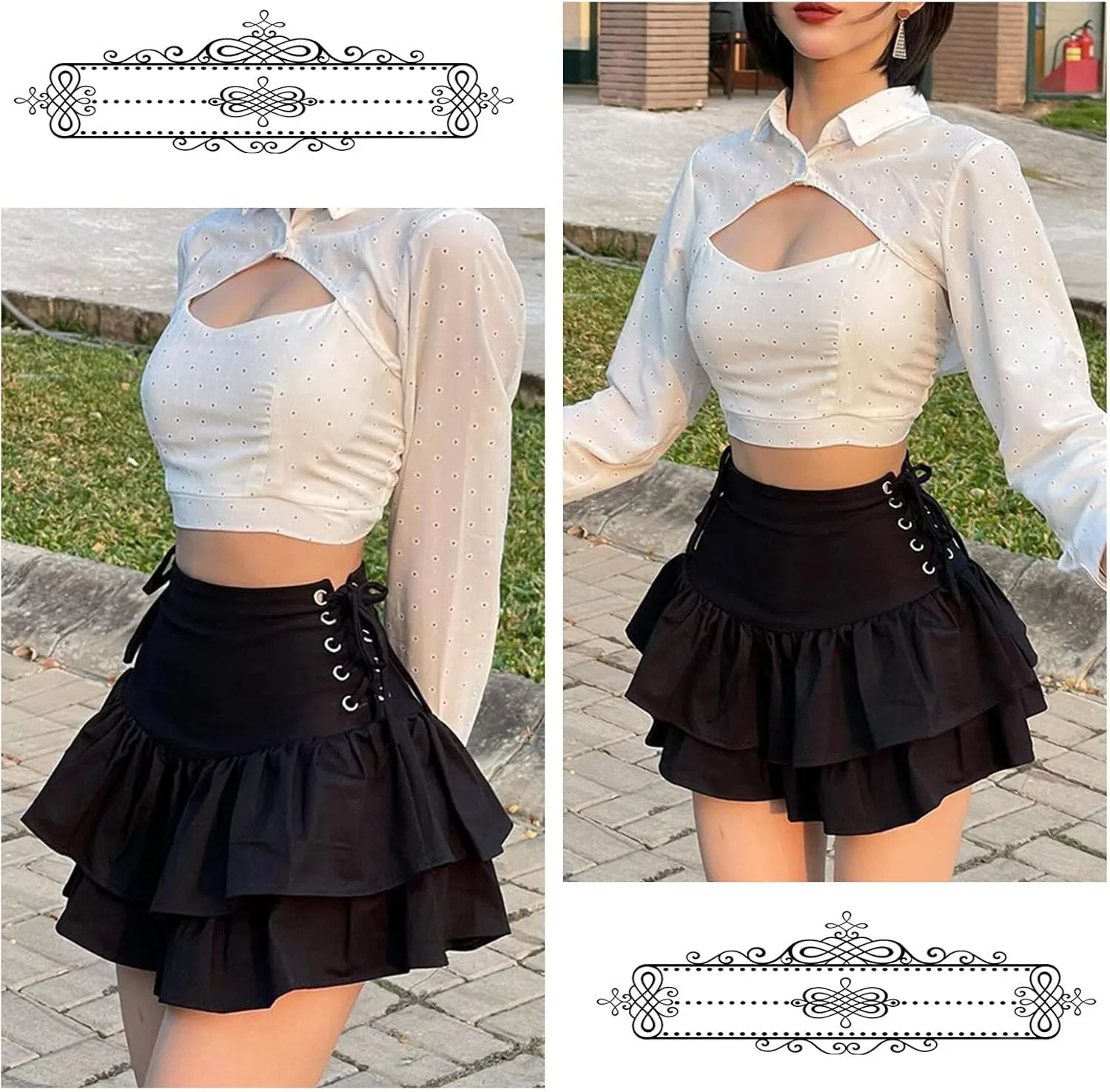 SEAUR Womens Girls Gothic Punk Mini Skirts Fashion High Waisted Y2K Skirt Sexy Tie Up Lace Patchwork Skorts