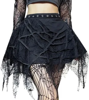 SEAUR Womens Girls Gothic Punk Mini Skirts Fashion High Waisted Y2K Skirt Sexy Tie Up Lace Patchwork Skorts