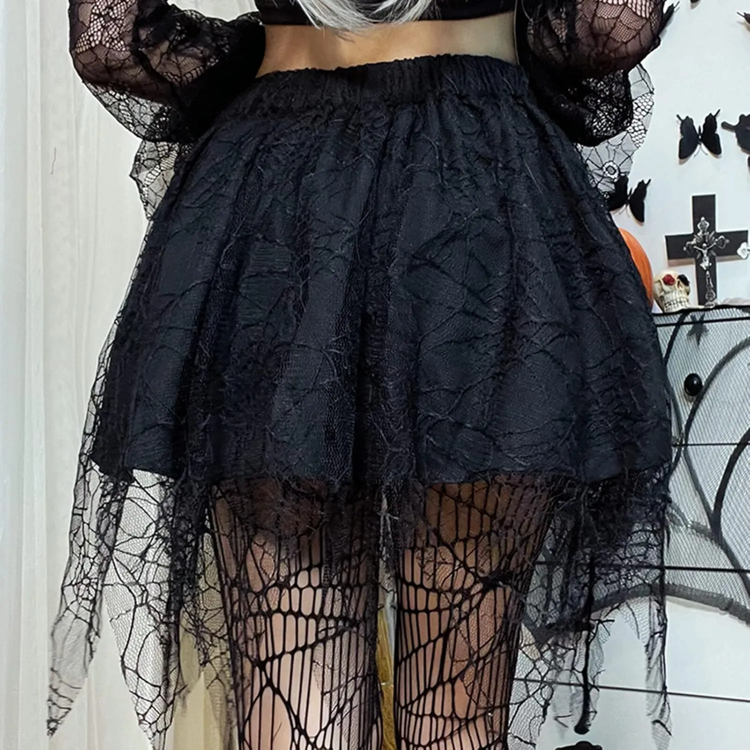 SEAUR Womens Girls Gothic Punk Mini Skirts Fashion High Waisted Y2K Skirt Sexy Tie Up Lace Patchwork Skorts