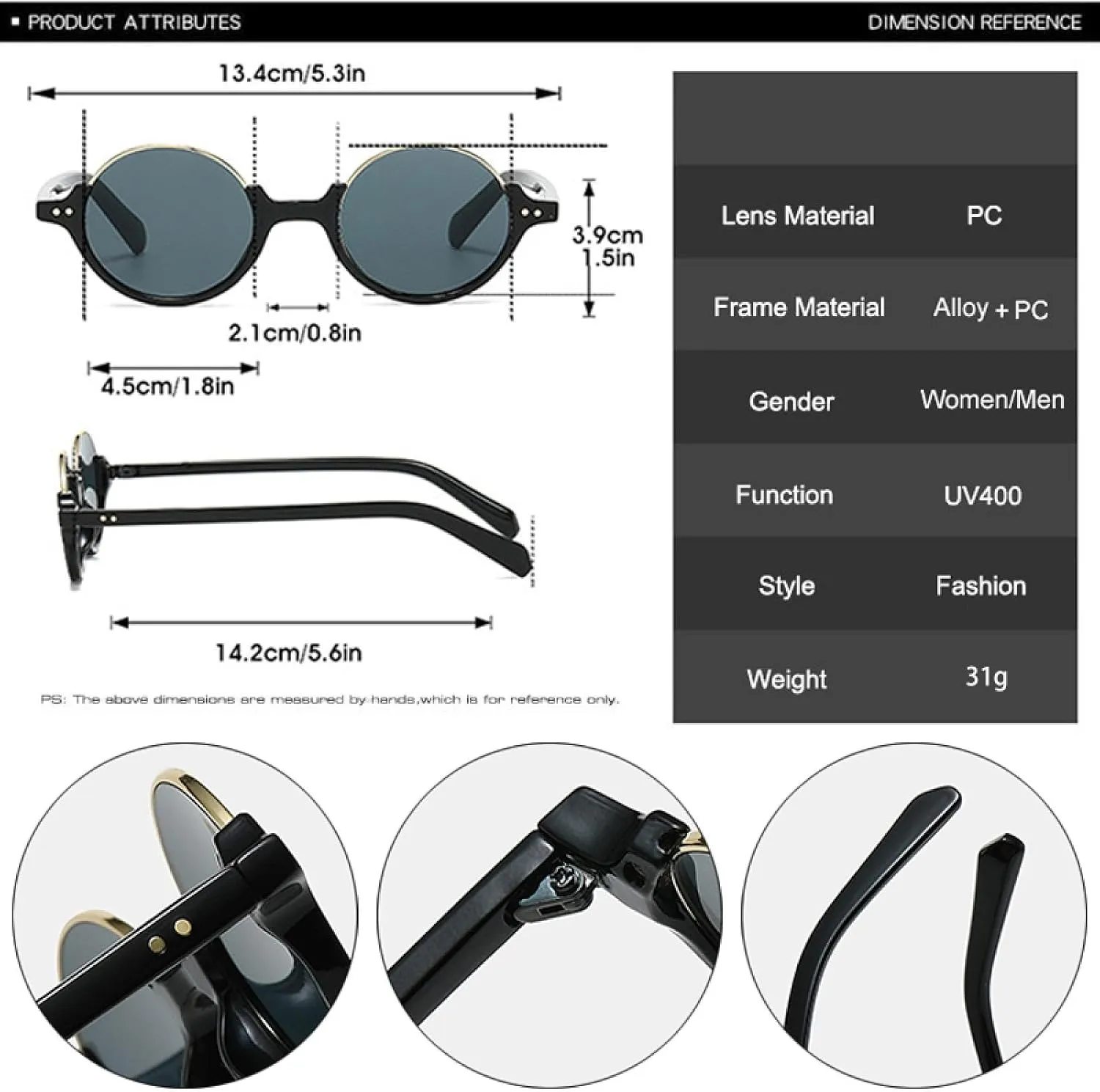 Semi-metal Round Women Glasses Vintage Rivets Punk Men Gradient Shades Uv400