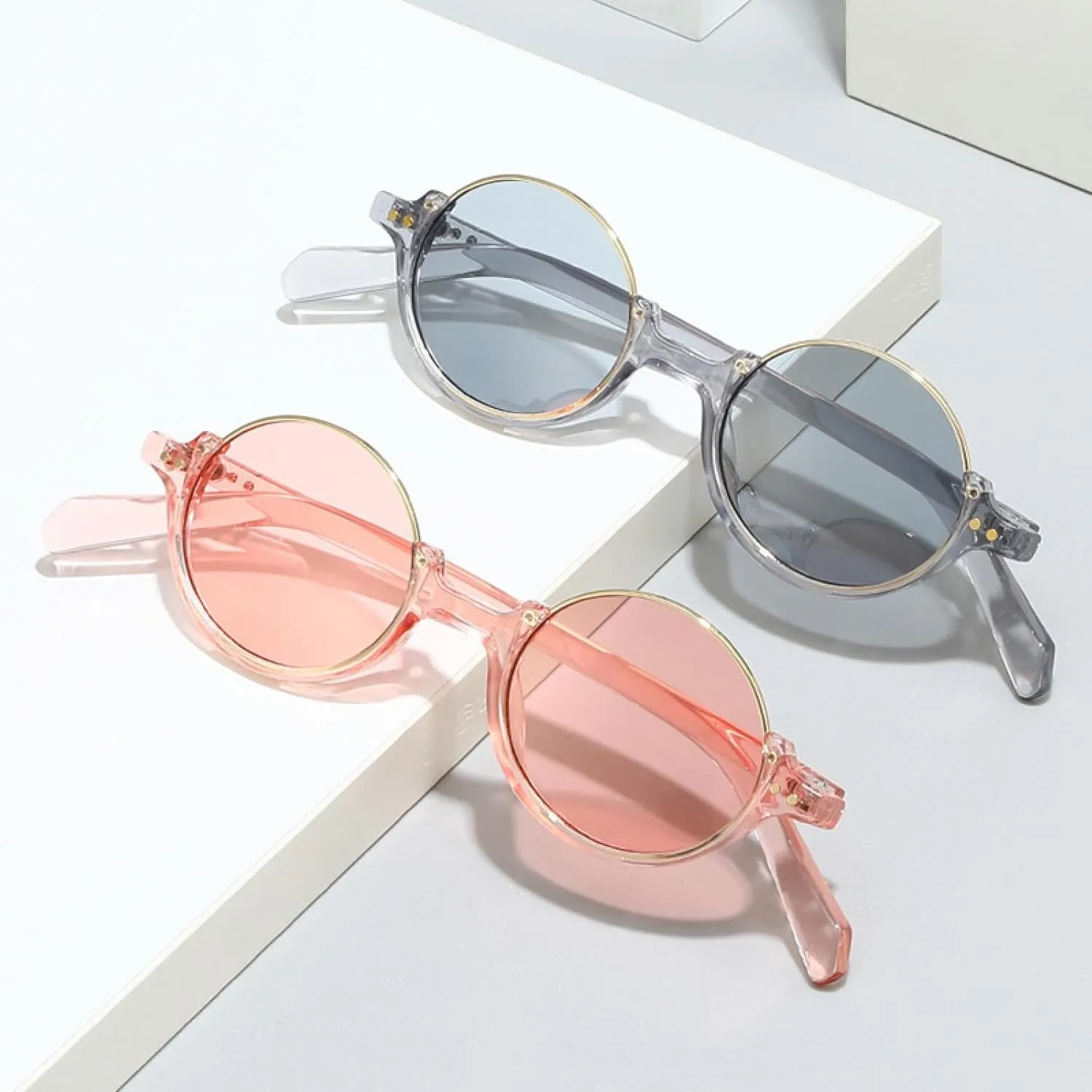 Semi-metal Round Women Glasses Vintage Rivets Punk Men Gradient Shades Uv400