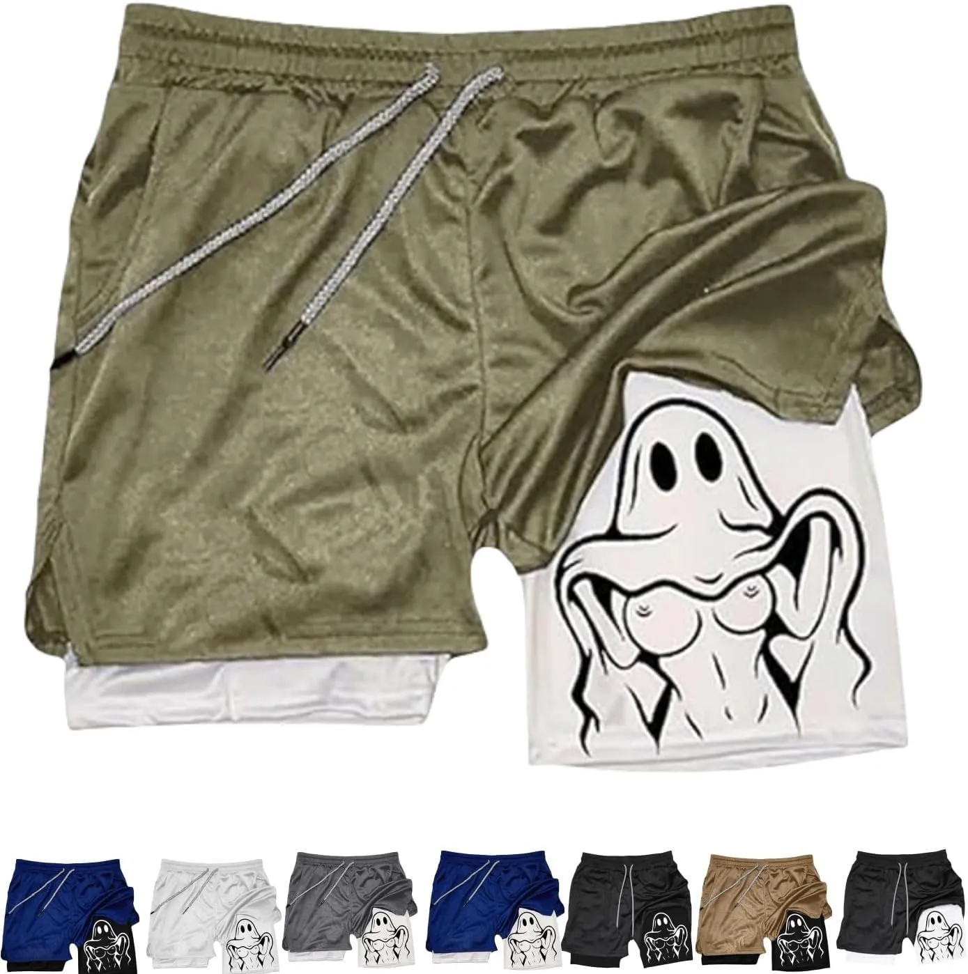 Siirigo Shorts Men,Fake Two Piece Quick Dry Running Shorts,Anti Glare Fitness Athletic Short