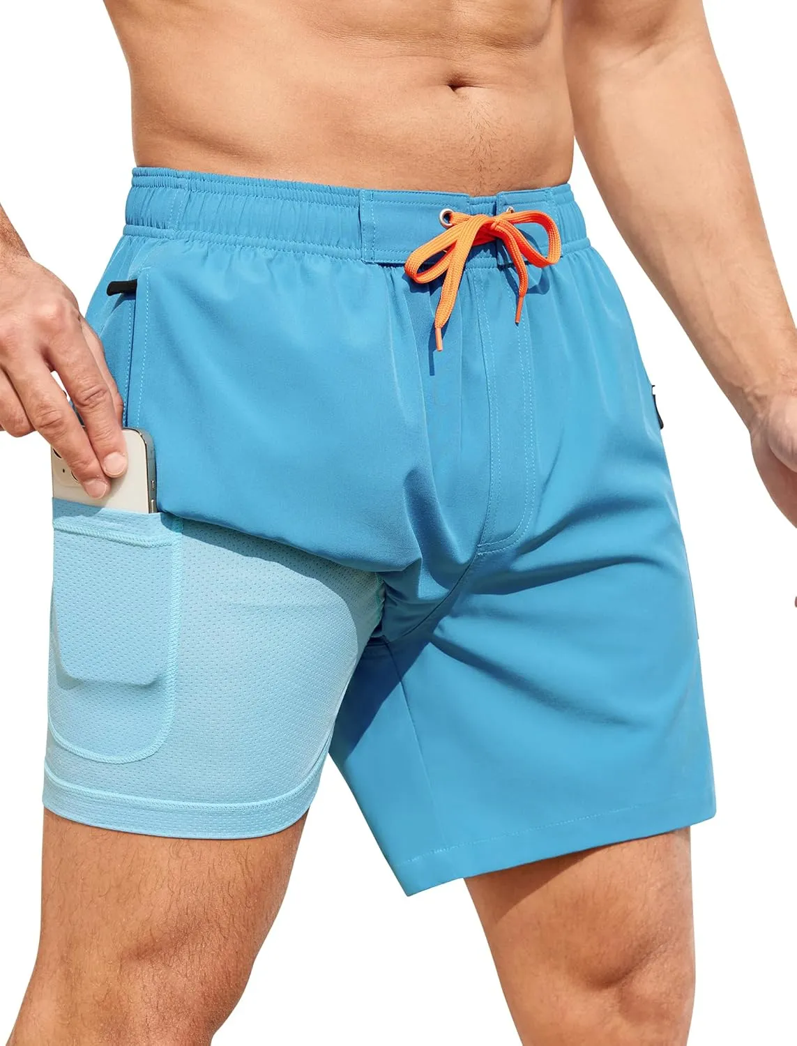 SILKWORLD Mens Swim Trunks 6" Quick Dry Bathing Suit Beach Swimming Shorts with Compression Liner and Zipper Pockets