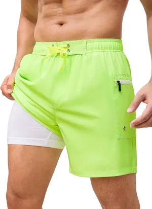 SILKWORLD Mens Swim Trunks 6" Quick Dry Bathing Suit Beach Swimming Shorts with Compression Liner and Zipper Pockets
