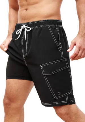 SILKWORLD Mens Swim Trunks with Compression Liner 9 Inch Bathing Suits Quick-Dry Swimmming Beach Shorts with Cargo Pockets