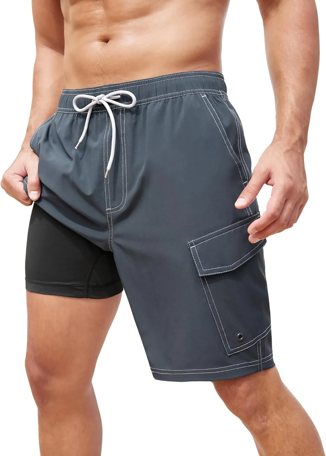 SILKWORLD Mens Swim Trunks with Compression Liner 9 Inch Bathing Suits Quick-Dry Swimmming Beach Shorts with Cargo Pockets