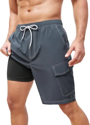 SILKWORLD Mens Swim Trunks with Compression Liner 9 Inch Bathing Suits Quick-Dry Swimmming Beach Shorts with Cargo Pockets