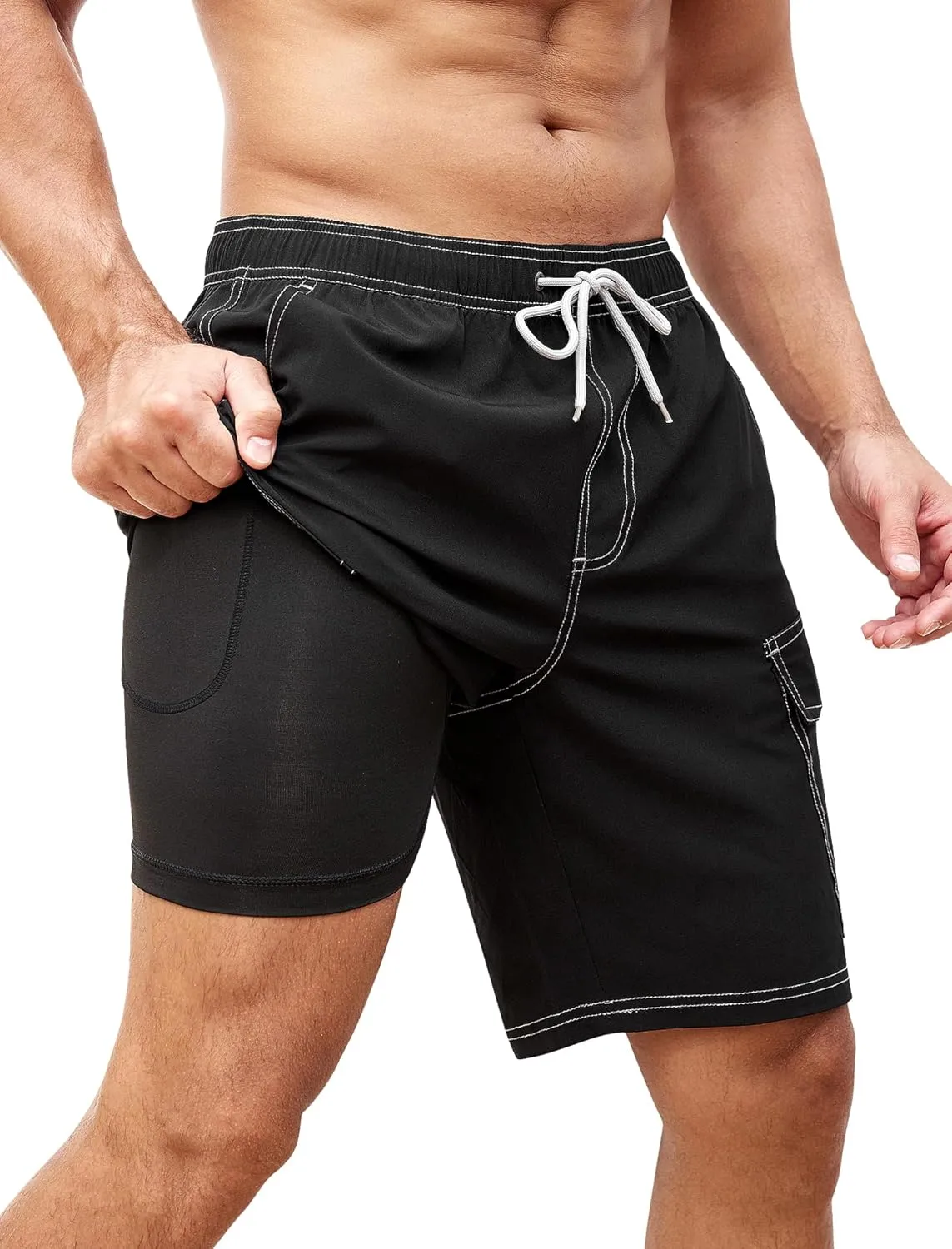 SILKWORLD Mens Swim Trunks with Compression Liner 9 Inch Bathing Suits Quick-Dry Swimmming Beach Shorts with Cargo Pockets