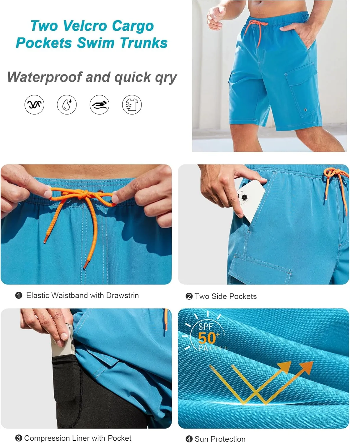 SILKWORLD Mens Swim Trunks with Compression Liner 9 Inch Bathing Suits Quick-Dry Swimmming Beach Shorts with Cargo Pockets