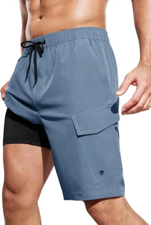 SILKWORLD Mens Swim Trunks with Compression Liner 9 Inch Bathing Suits Quick-Dry Swimmming Beach Shorts with Cargo Pockets