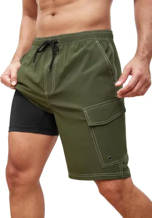 SILKWORLD Mens Swim Trunks with Compression Liner 9 Inch Bathing Suits Quick-Dry Swimmming Beach Shorts with Cargo Pockets