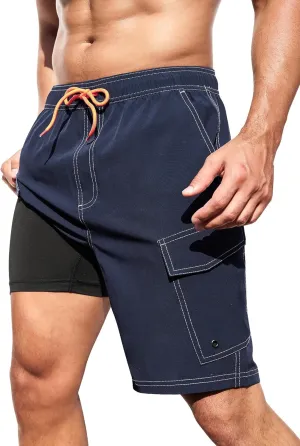 SILKWORLD Mens Swim Trunks with Compression Liner 9 Inch Bathing Suits Quick-Dry Swimmming Beach Shorts with Cargo Pockets