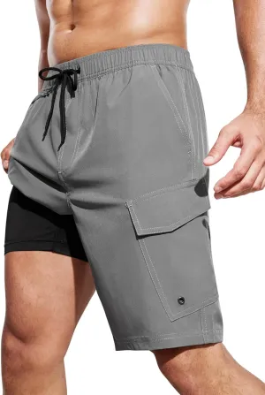 SILKWORLD Mens Swim Trunks with Compression Liner 9 Inch Bathing Suits Quick-Dry Swimmming Beach Shorts with Cargo Pockets