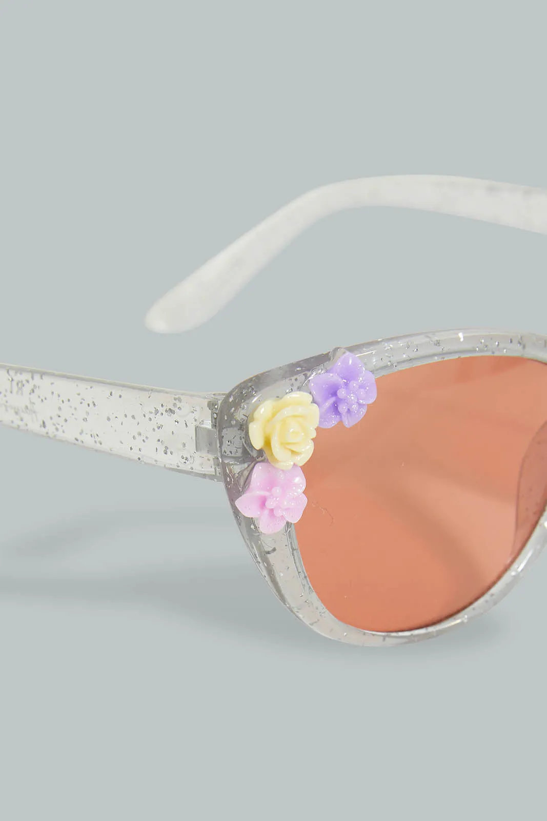 Silver Cat Eye Floral Embellished Sunglasses For Girls