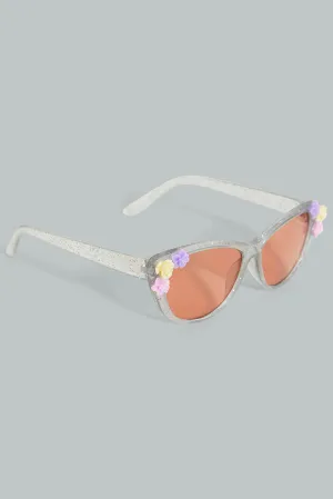 Silver Cat Eye Floral Embellished Sunglasses For Girls