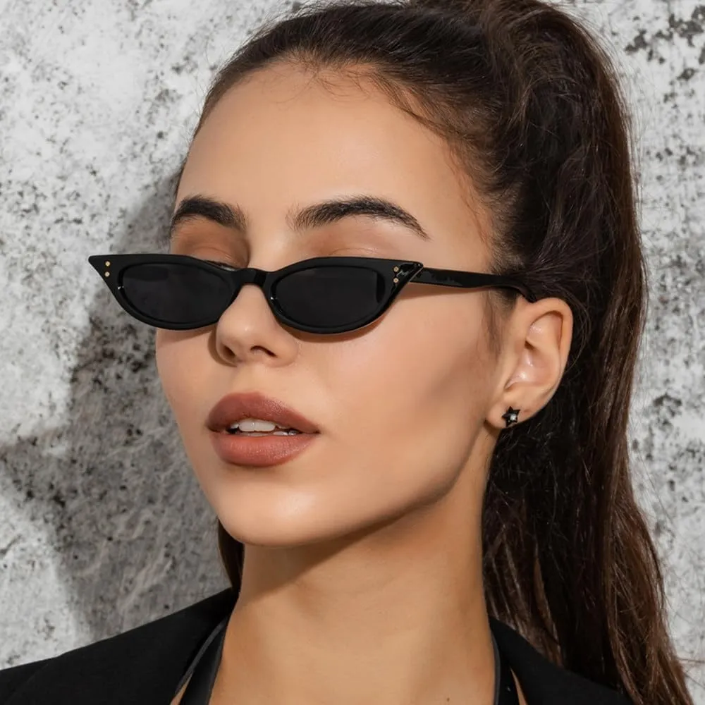 Small Cat Eye Sunglasses Women Vintage Rivet Narrow Triangle Sun Glasses Female Black Shades Streetwear Eyewear