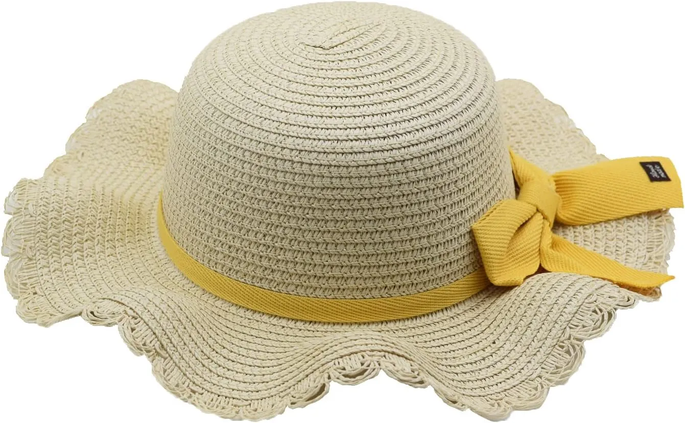 Straw Hat for Kids Boy Girls Wide Brim Summer Sun Beach Cap Cute Bowknot Hat