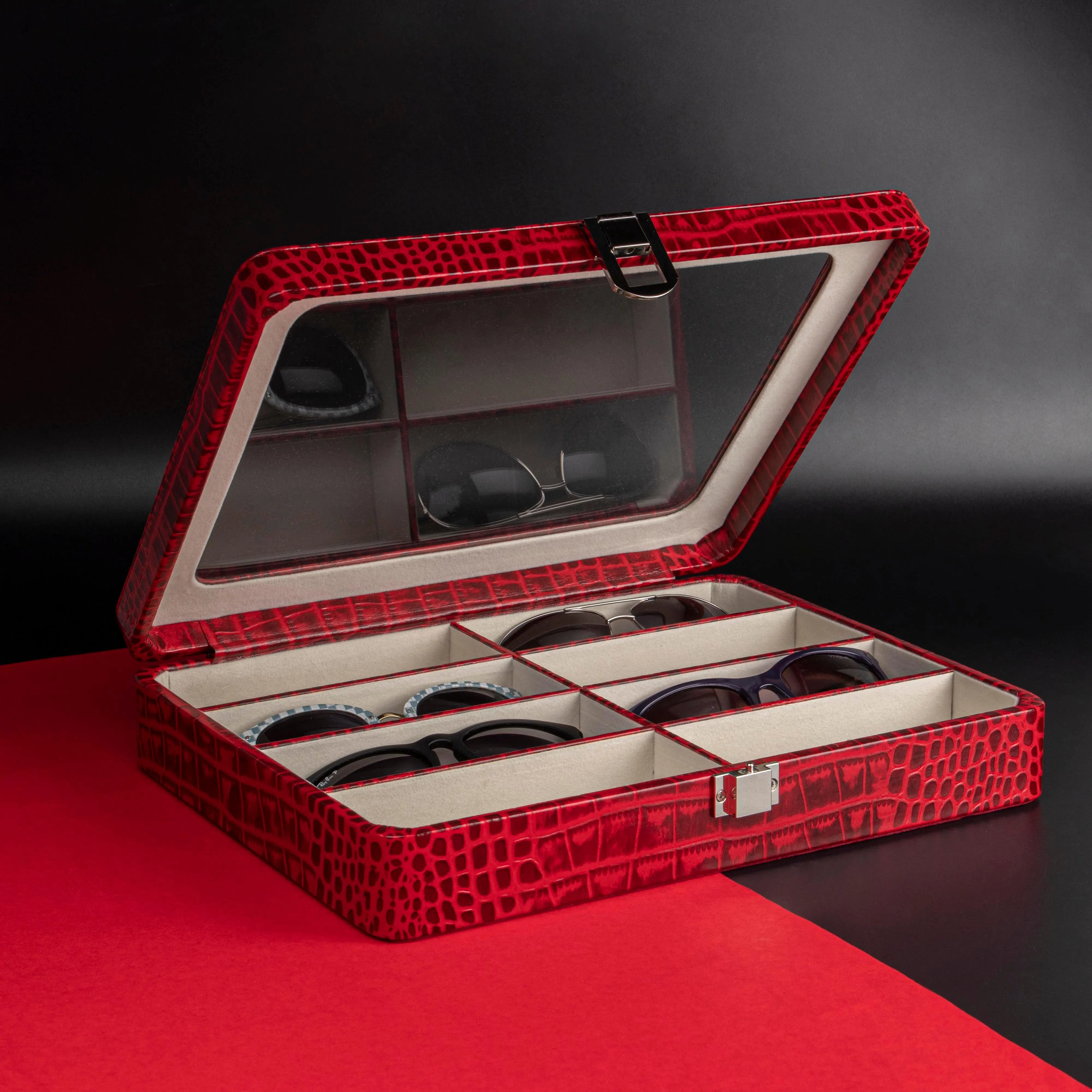 Sunglasses Box II | Leather Spectacle Case Box | 100% Genuine Leather | Color: Red & Blue