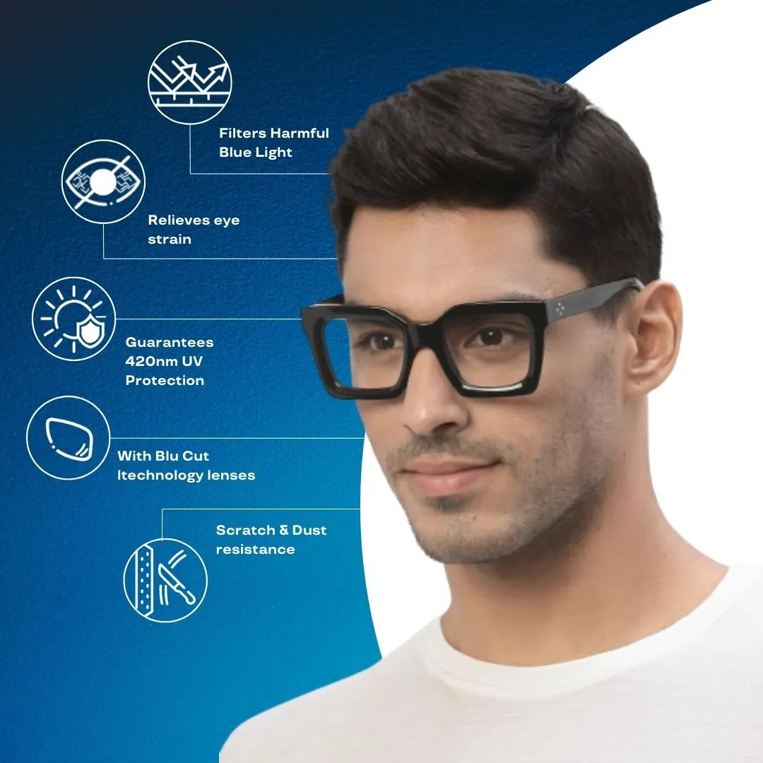 Thick Black Square Full Rim Acetate Frame for Men & Women