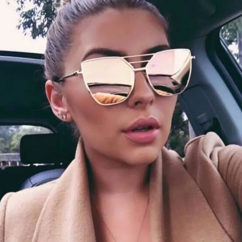 Unisex Cool Flat Top Alloy Frame Sunglasses with Rose Gold Mirror Lens