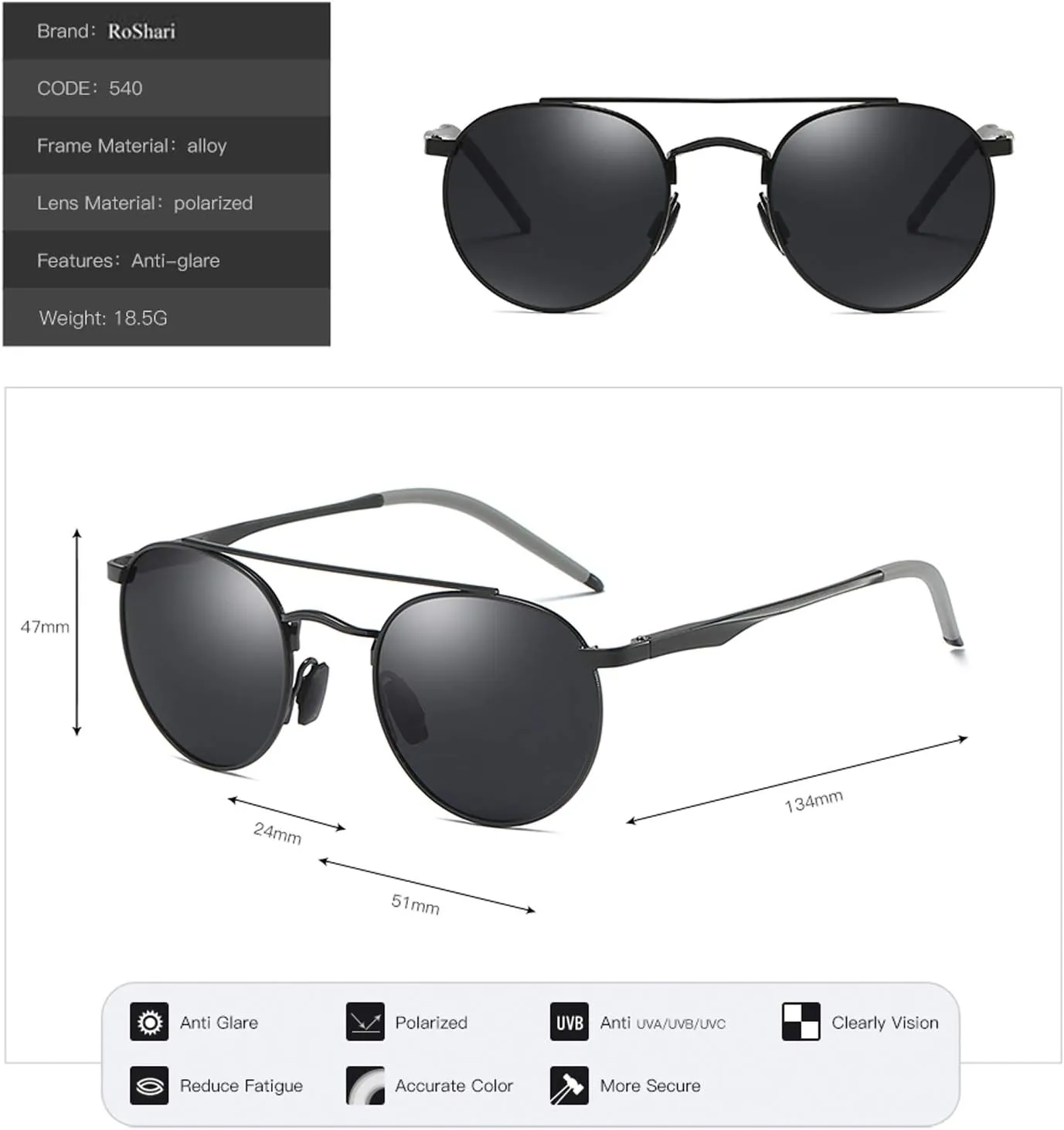 Unisex Vintage Round Sunglasses Double Bridge Men Women Polarized Aviator Sunglasses A540