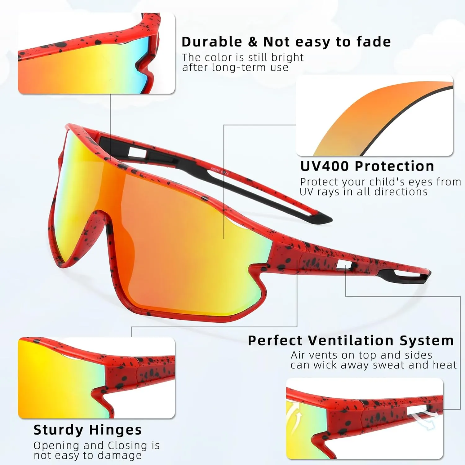 Unisex Youth Cycling Sunglasses For Tennis Softball, One-piece UV400 Wraparound Baseball Shades Outdoors & Indoors.