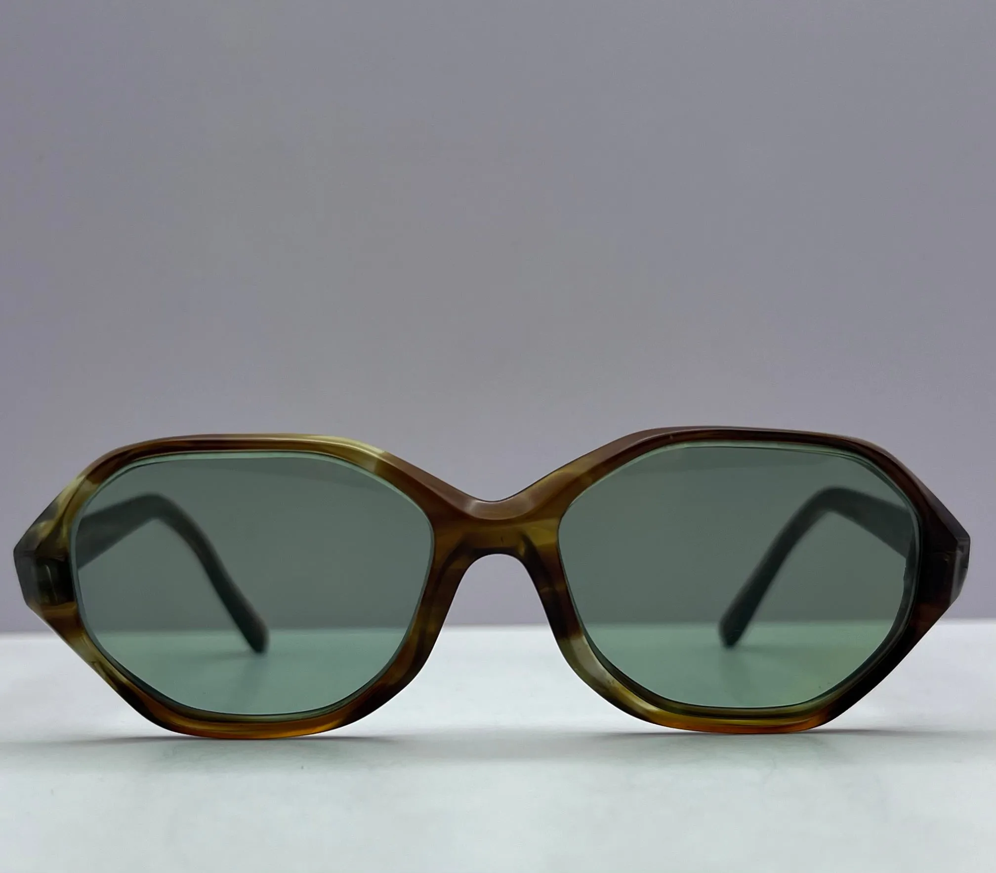 Vintage American Optical 5 1/4 HEX Sunglasses - with Brand New “Berko’s Designs” Custom Bottle Green Lenses