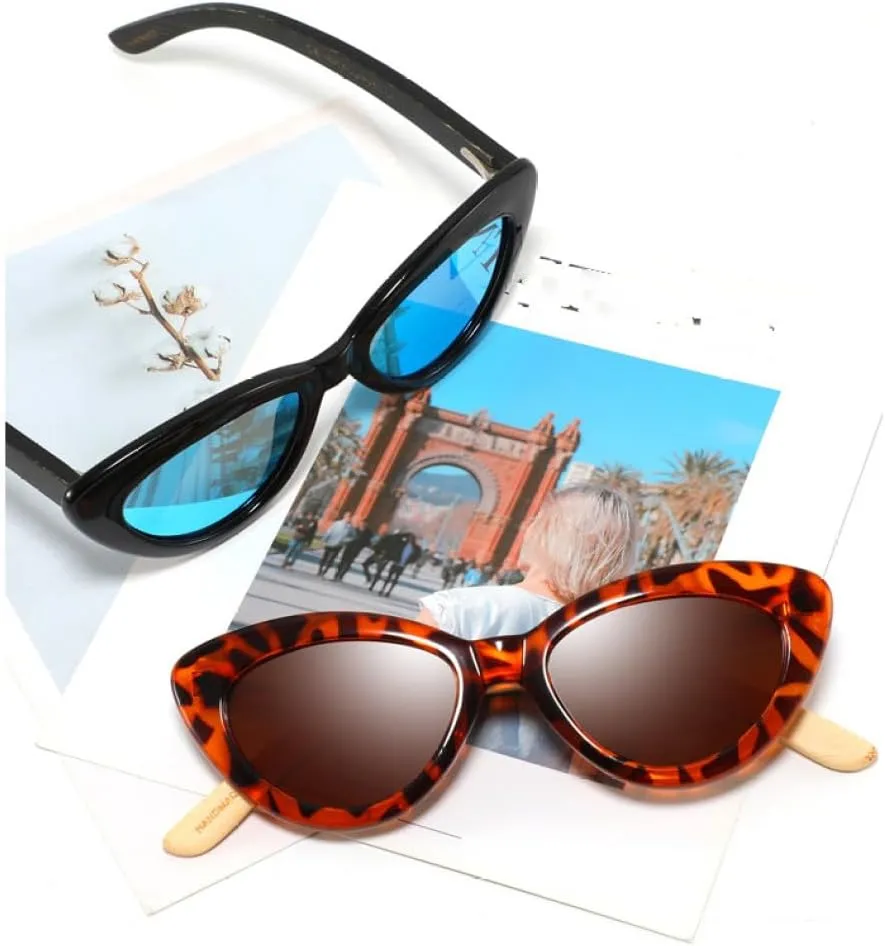 Vintage Cat Eye Sunglasses Women Eyeglasses UV400 Wooden Temples Bamboo Sun Glasses for Men