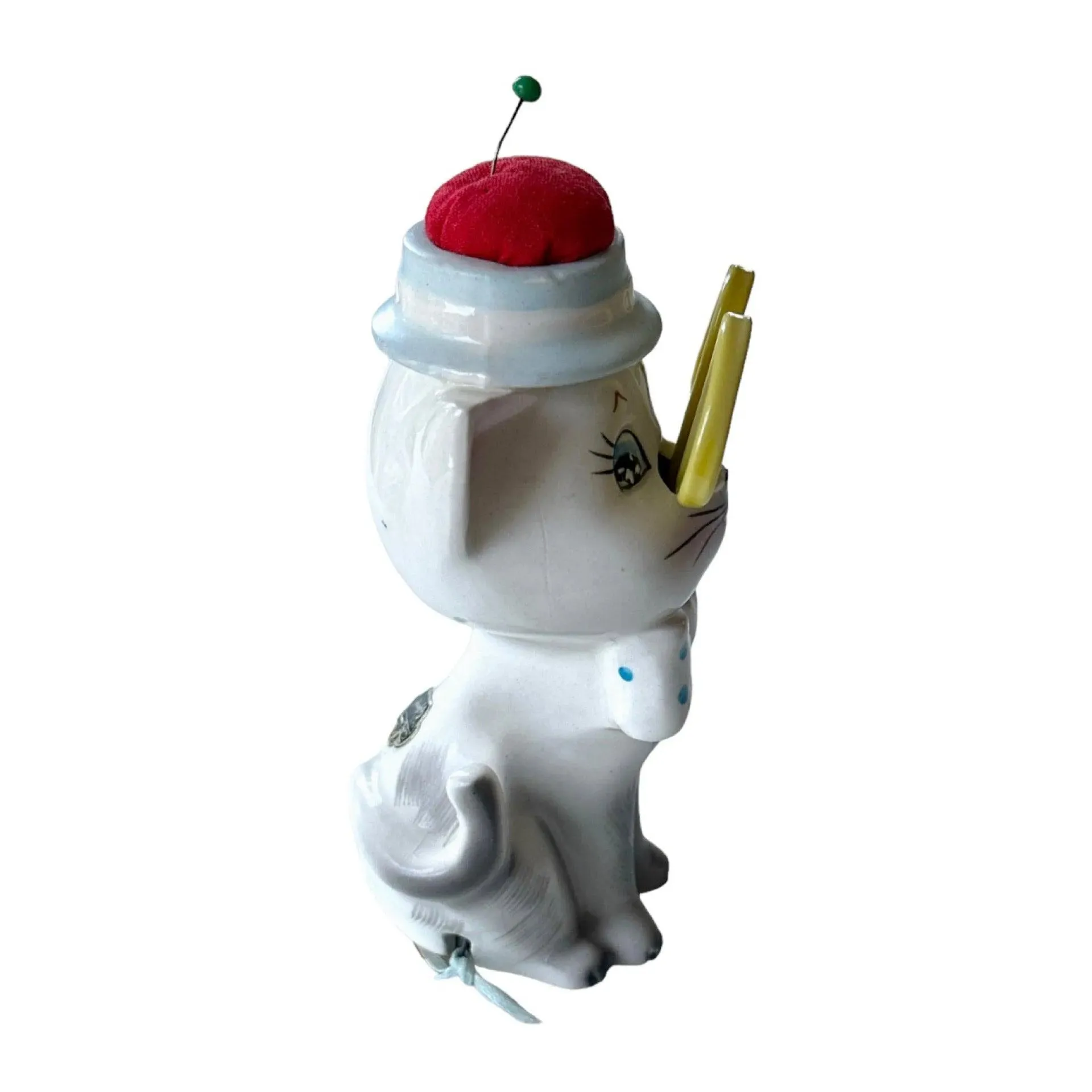 Vintage Ceramic Cat Pin Cushion with Scissors and Tape Measure - A Unique Sewing Collectible