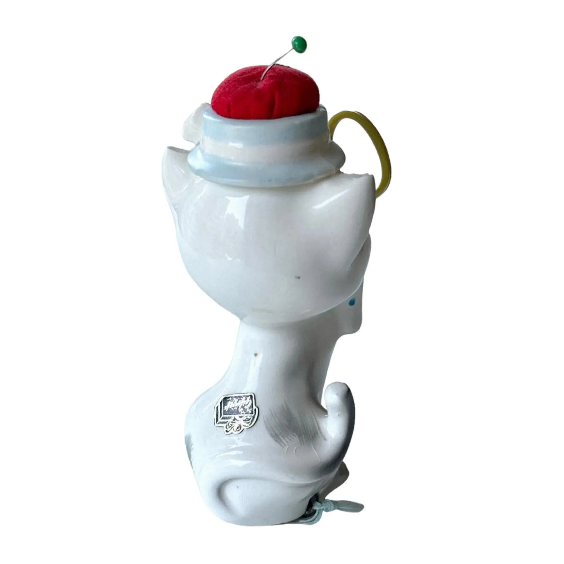 Vintage Ceramic Cat Pin Cushion with Scissors and Tape Measure - A Unique Sewing Collectible