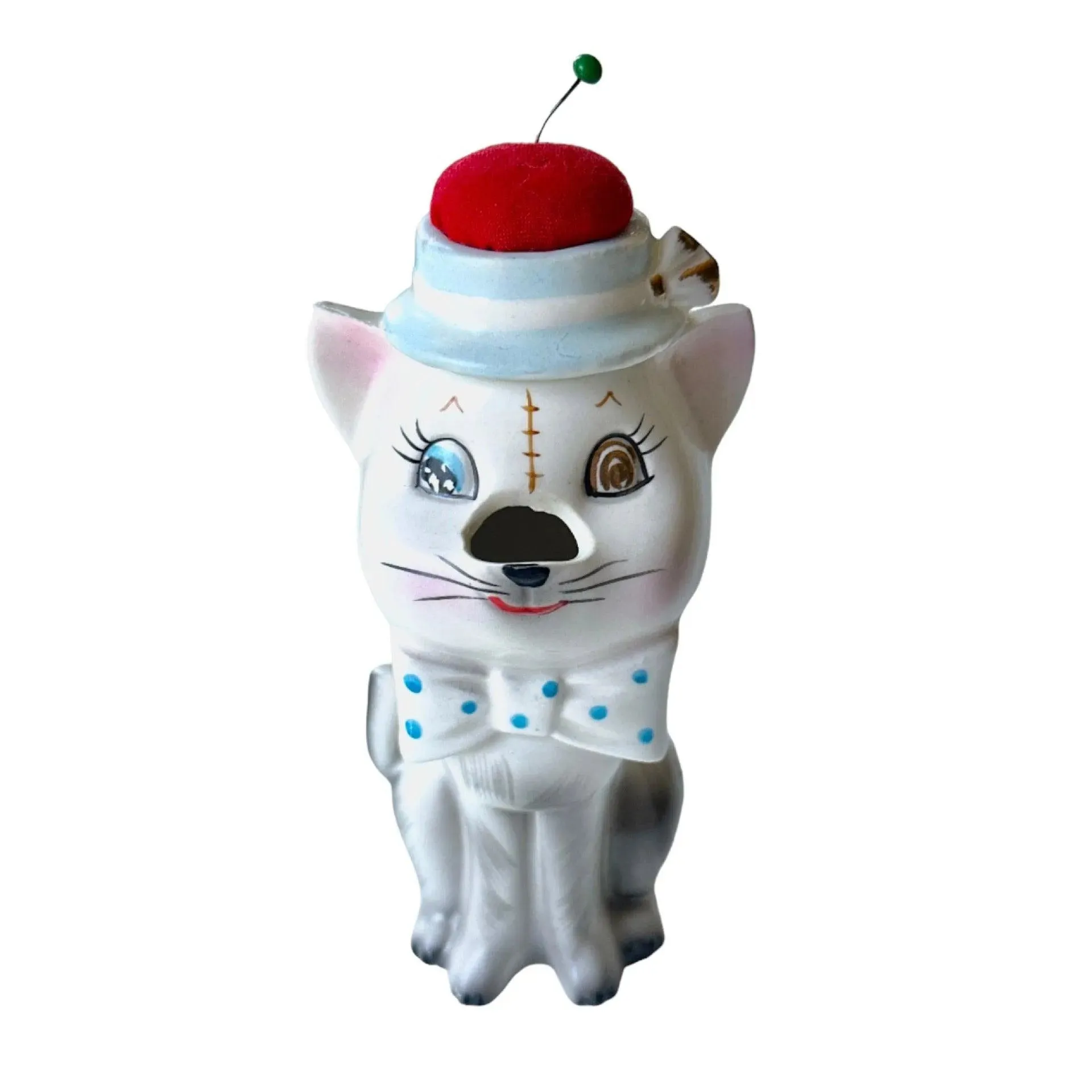 Vintage Ceramic Cat Pin Cushion with Scissors and Tape Measure - A Unique Sewing Collectible