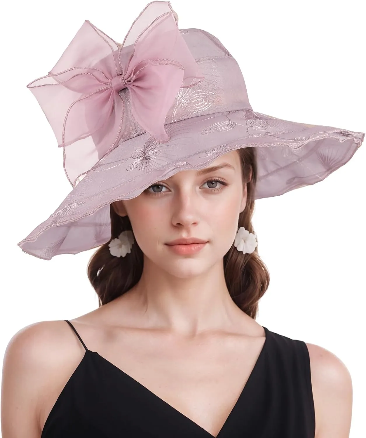 Women Hat Organza Church Dress Fascinator Bridal Tea Party Wedding Hats for Flower Wide Brim Sun Hat