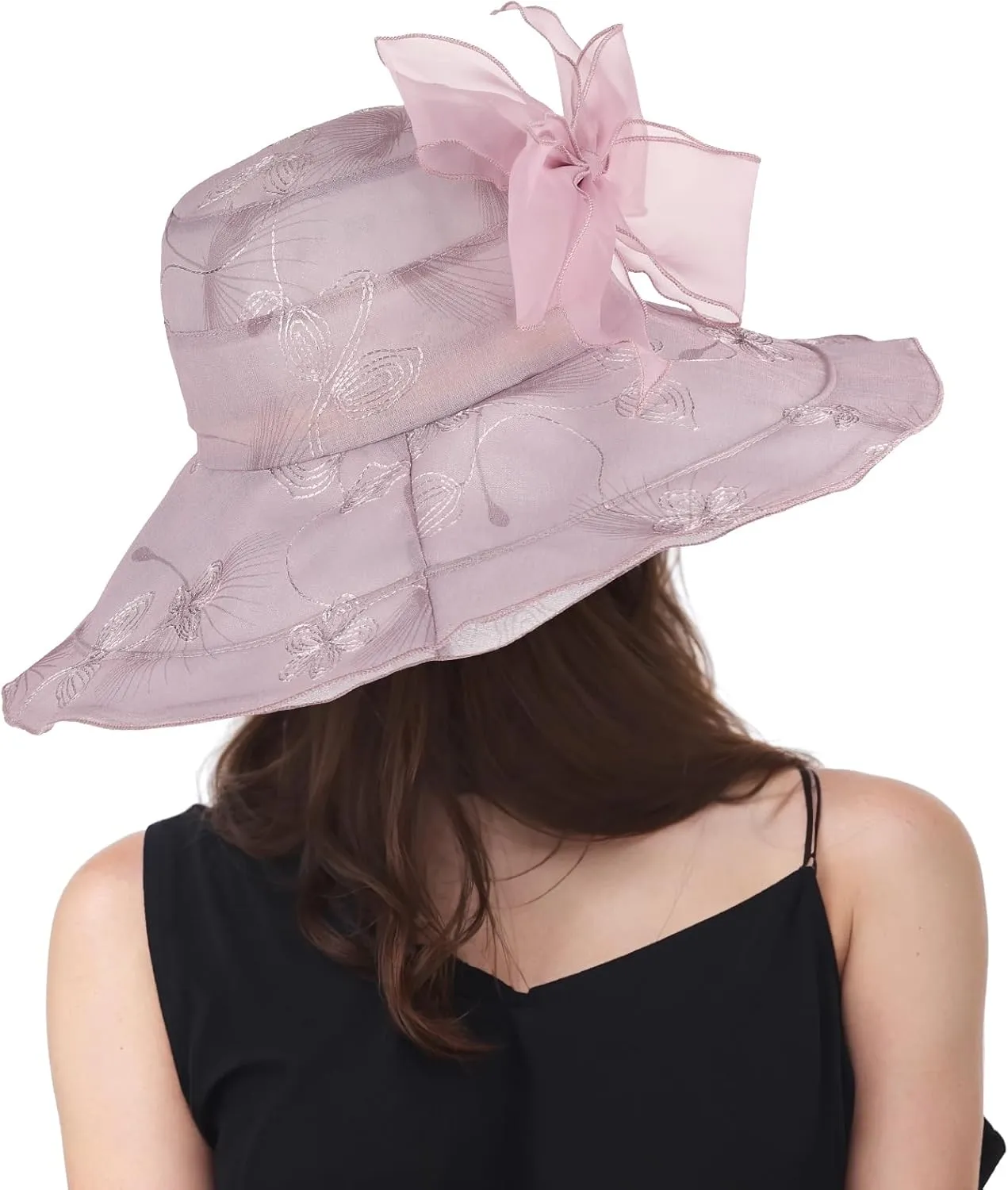 Women Hat Organza Church Dress Fascinator Bridal Tea Party Wedding Hats for Flower Wide Brim Sun Hat