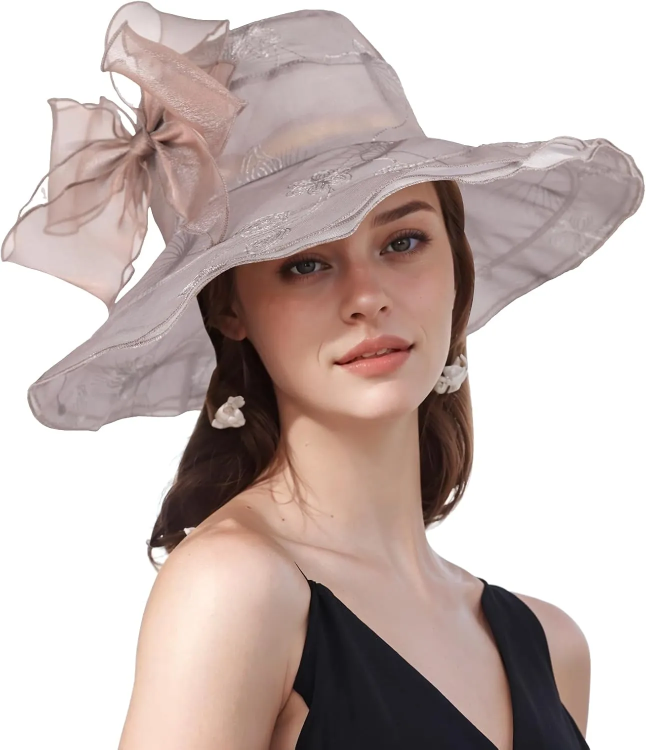 Women Hat Organza Church Dress Fascinator Bridal Tea Party Wedding Hats for Flower Wide Brim Sun Hat