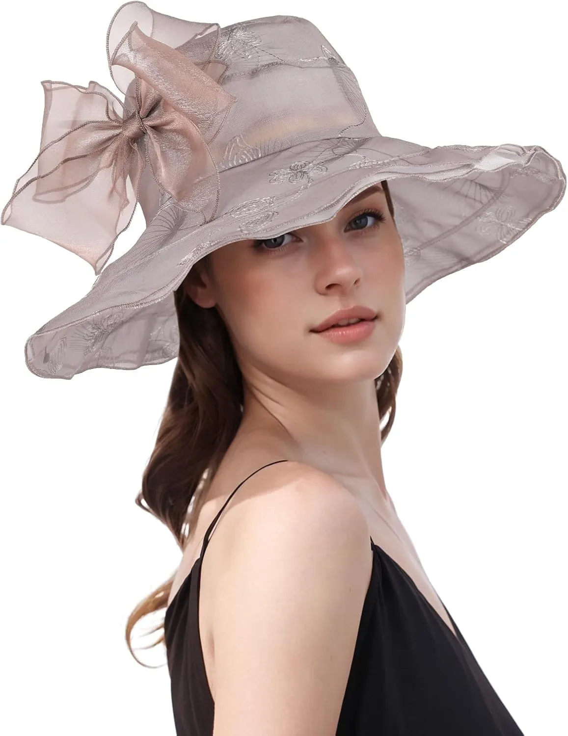 Women Hat Organza Church Dress Fascinator Bridal Tea Party Wedding Hats for Flower Wide Brim Sun Hat