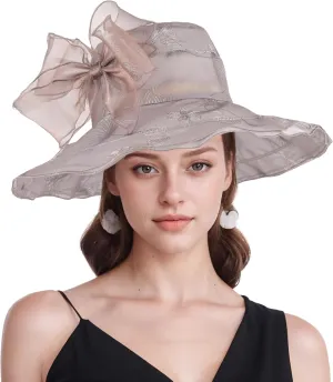 Women Hat Organza Church Dress Fascinator Bridal Tea Party Wedding Hats for Flower Wide Brim Sun Hat