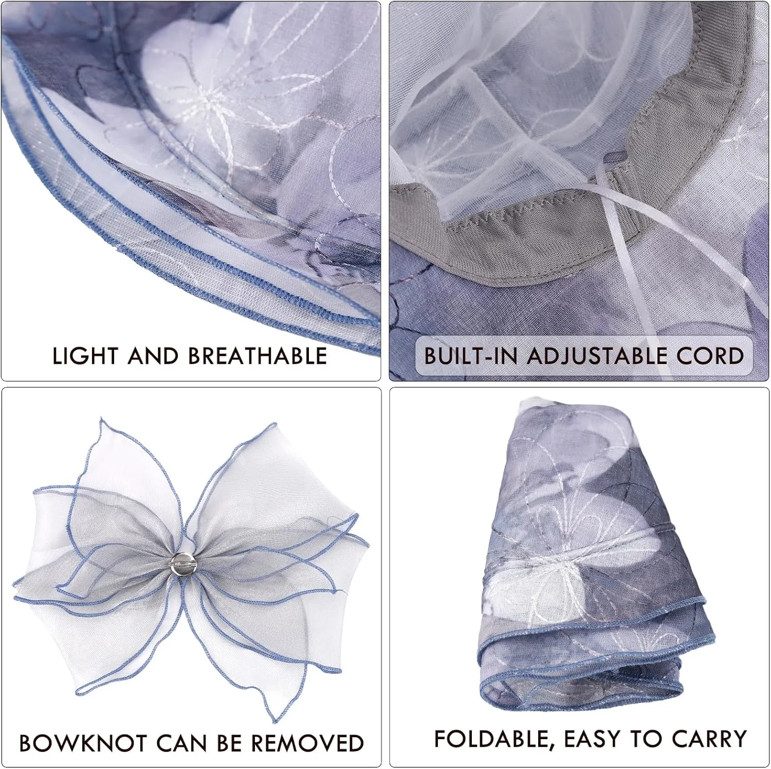 Women Hat Organza Church Dress Fascinator Bridal Tea Party Wedding Hats for Flower Wide Brim Sun Hat