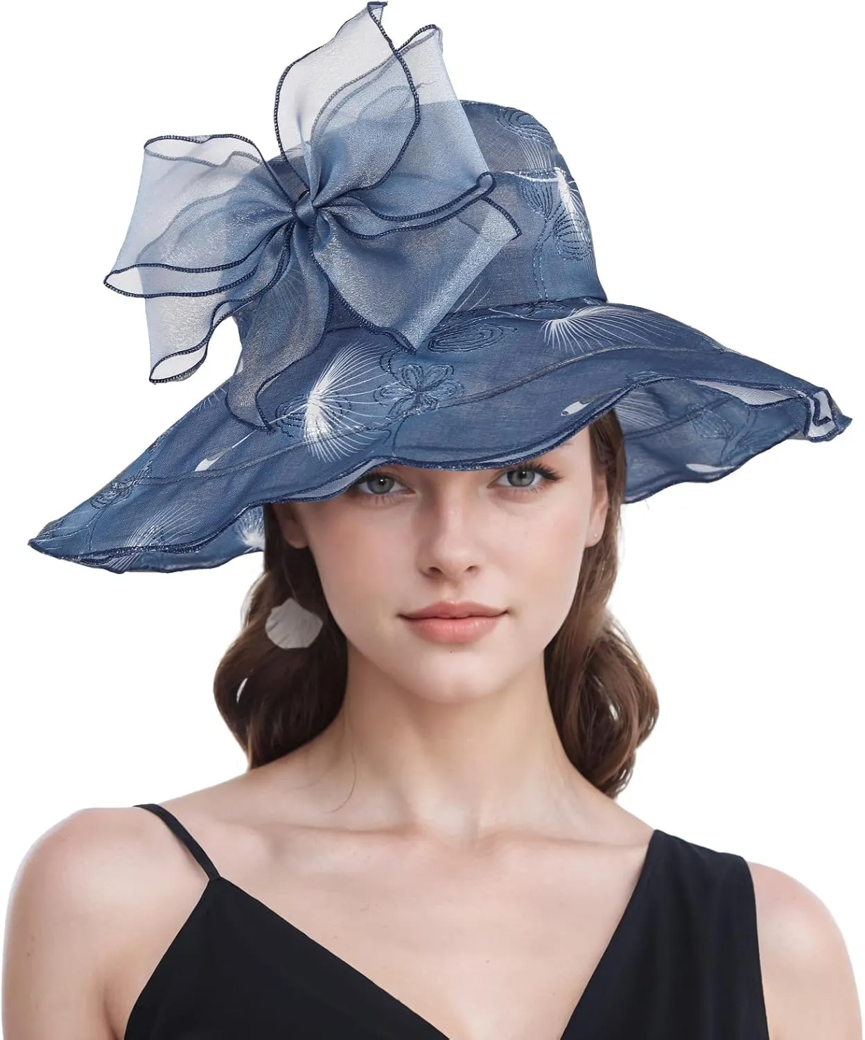 Women Hat Organza Church Dress Fascinator Bridal Tea Party Wedding Hats for Flower Wide Brim Sun Hat