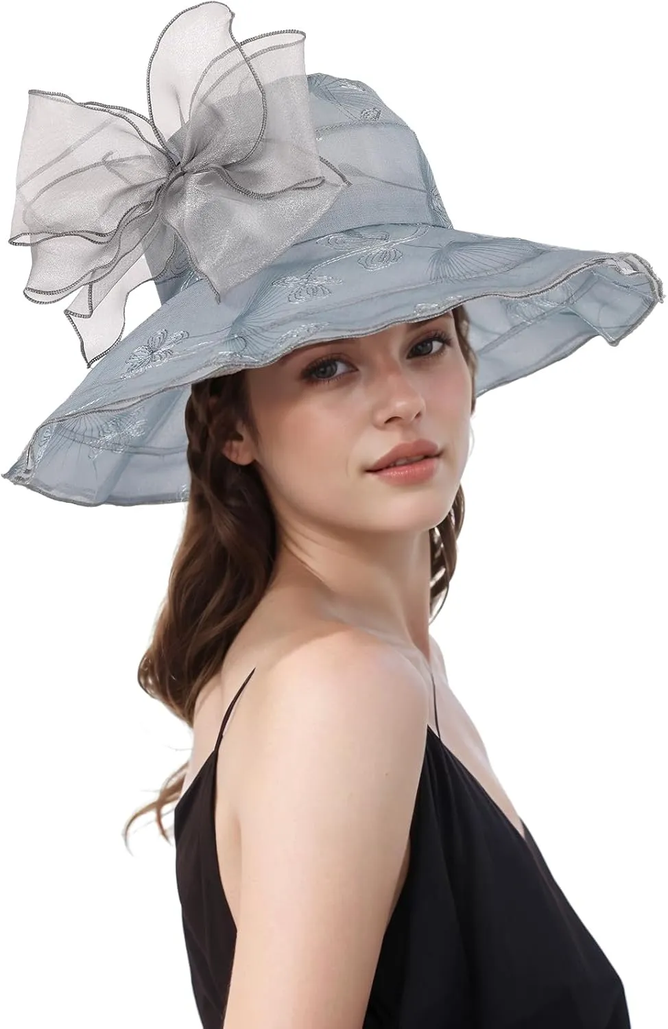 Women Hat Organza Church Dress Fascinator Bridal Tea Party Wedding Hats for Flower Wide Brim Sun Hat