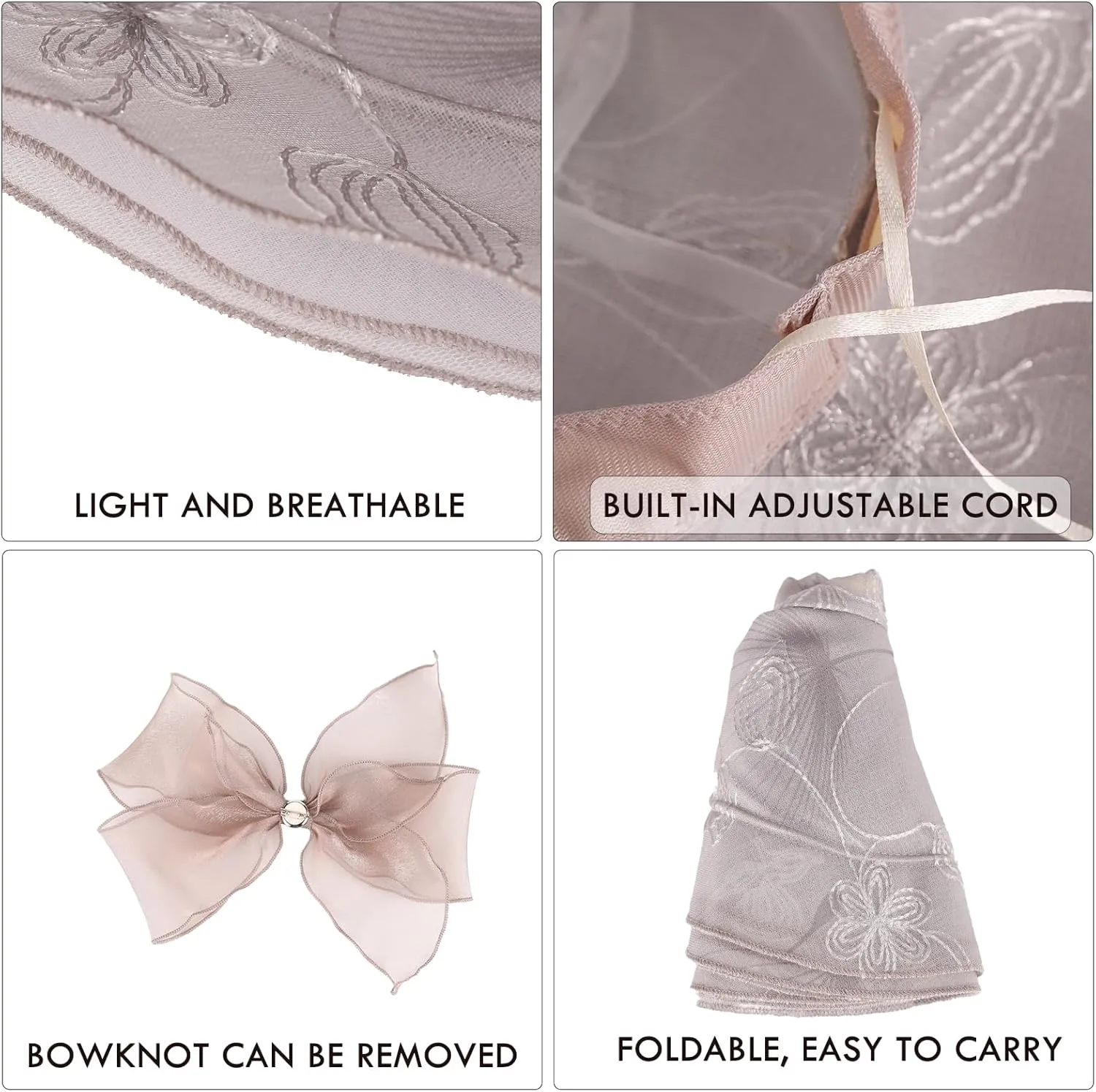 Women Hat Organza Church Dress Fascinator Bridal Tea Party Wedding Hats for Flower Wide Brim Sun Hat