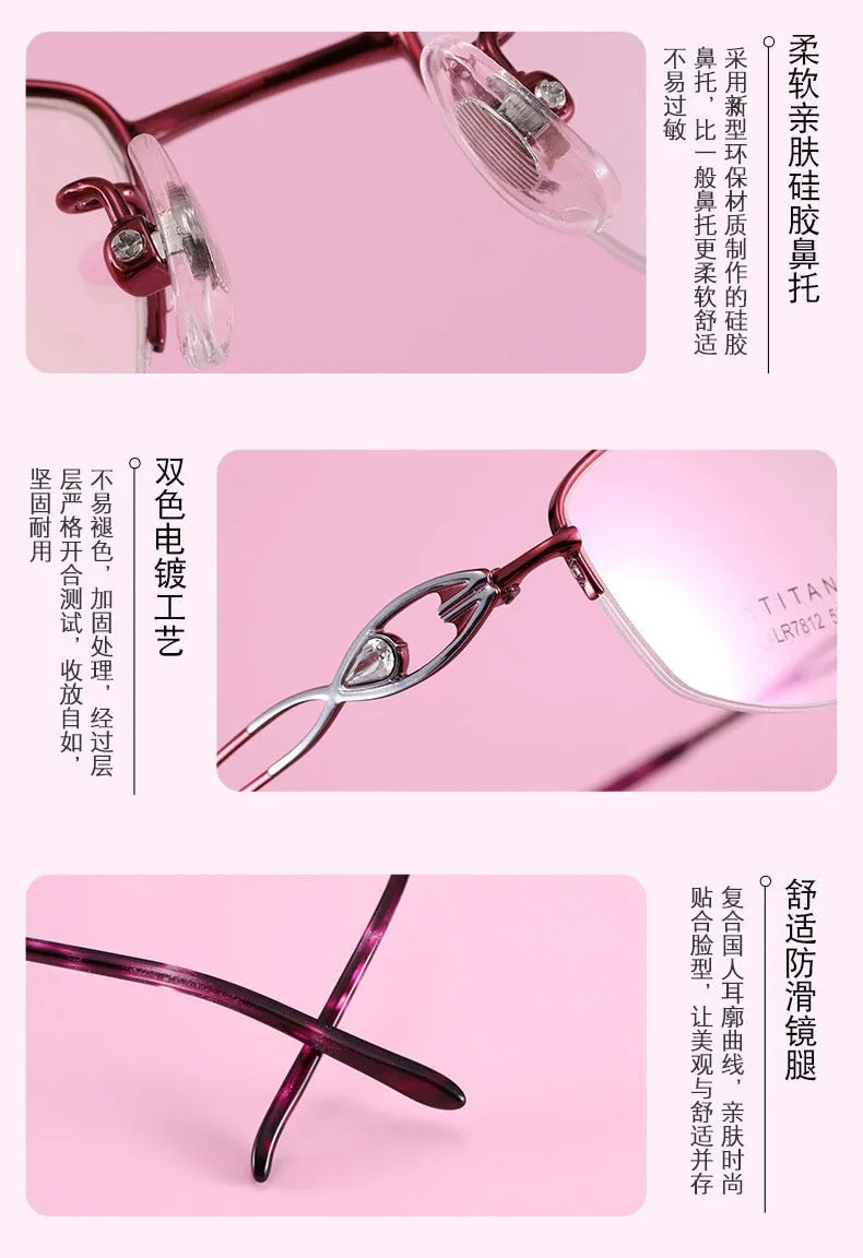 Women's Hollow Jeweled Temple Semi Rim Frame Eyeglasses Lr7812
