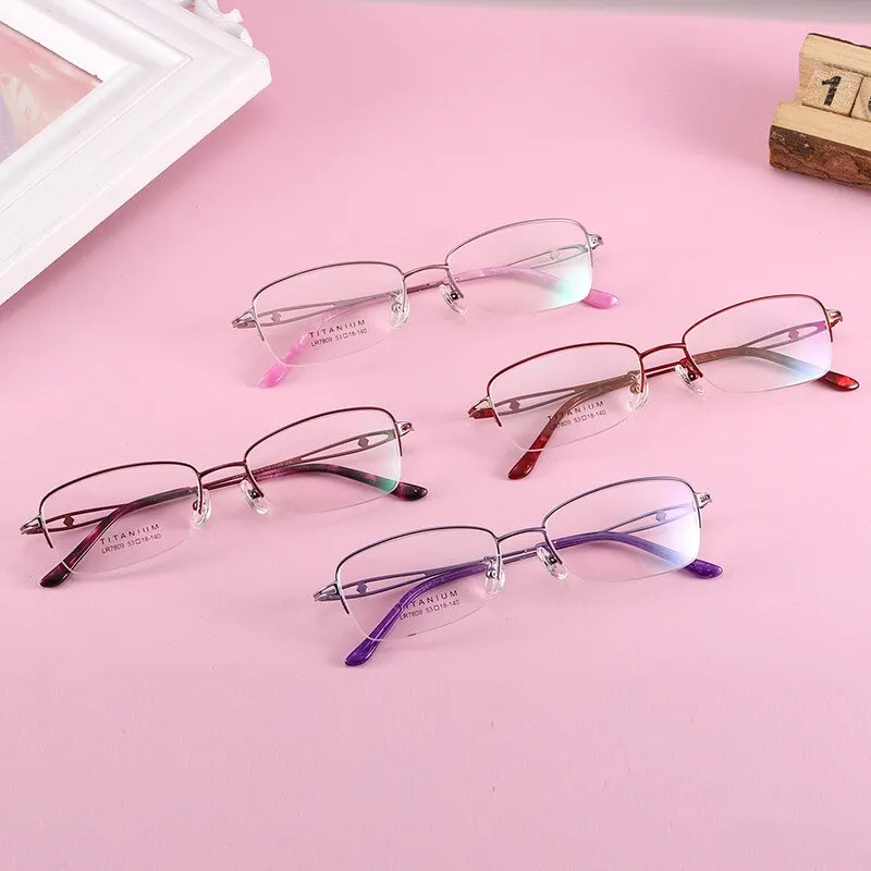 Women's Oval Hollow Titanium Semi Rim Eyeglasses Lr7809