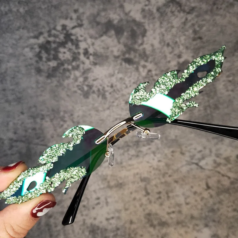 Women's Oval Rimless Tear Shape Rhinestone Punk Diamond Sunglasses