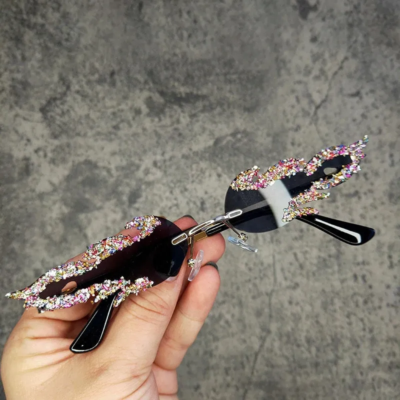 Women's Oval Rimless Tear Shape Rhinestone Punk Diamond Sunglasses