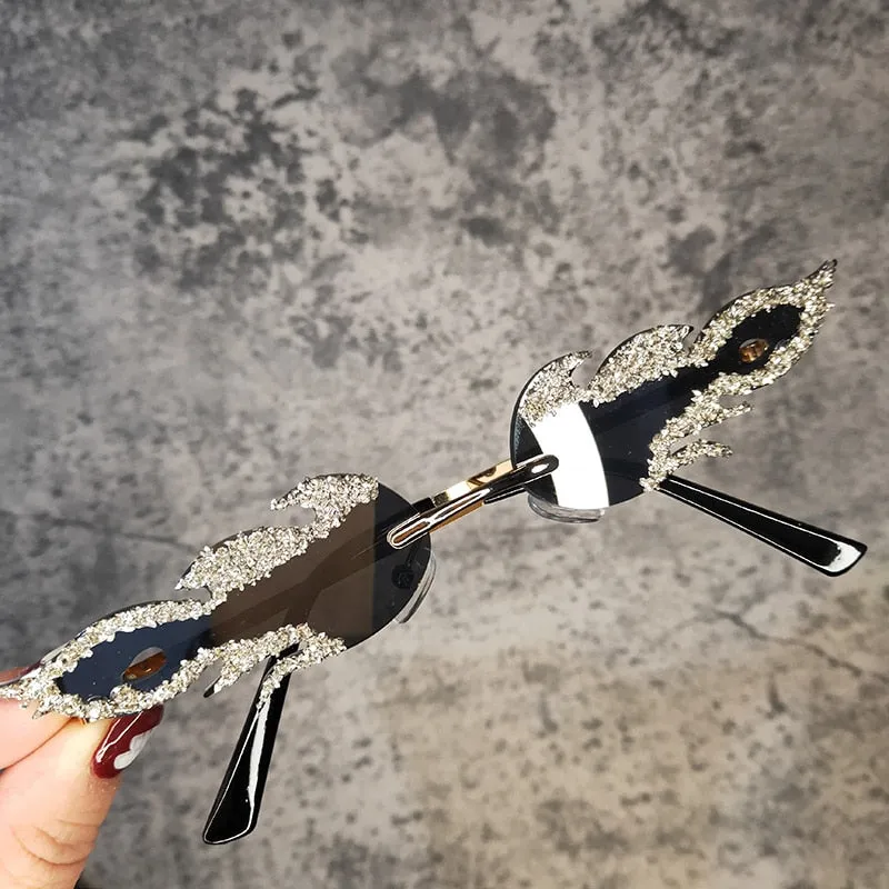 Women's Oval Rimless Tear Shape Rhinestone Punk Diamond Sunglasses
