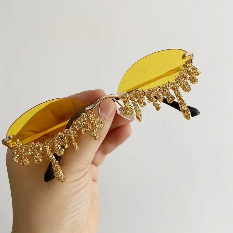 Women's Oval Rimless Tear Shape Rhinestone Punk Diamond Sunglasses