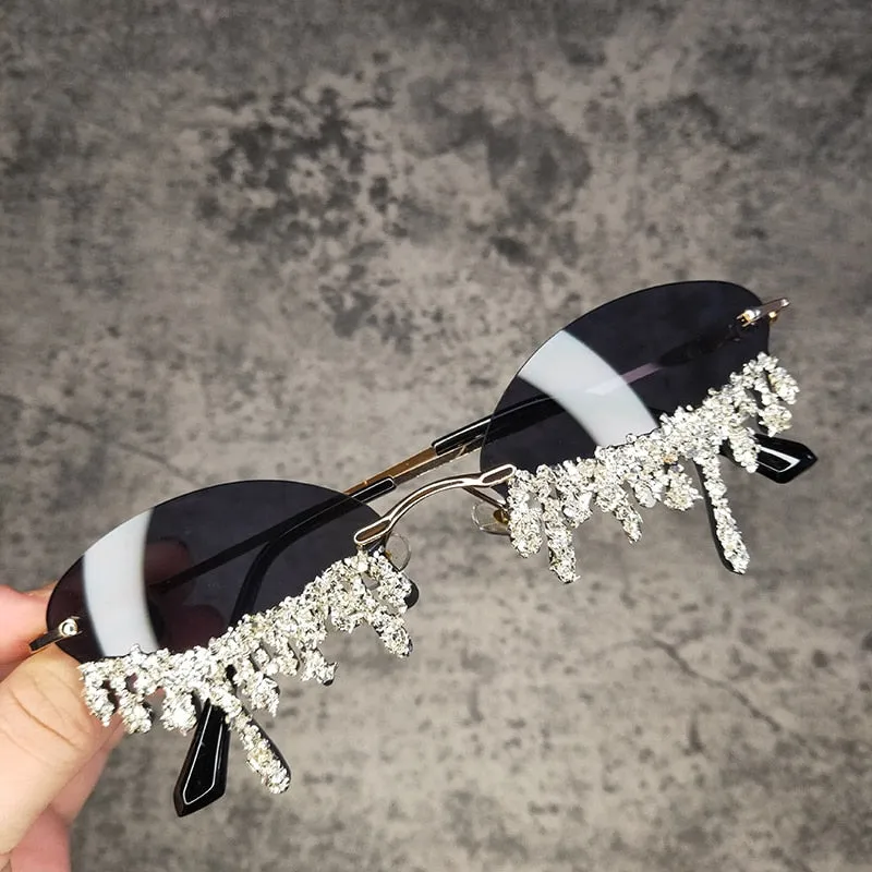 Women's Oval Rimless Tear Shape Rhinestone Punk Diamond Sunglasses