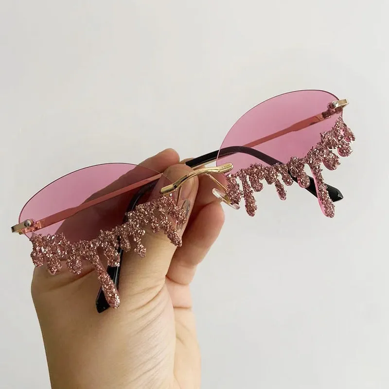 Women's Oval Rimless Tear Shape Rhinestone Punk Diamond Sunglasses