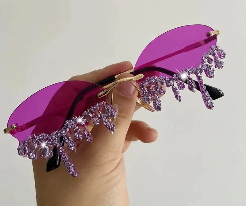 Women's Oval Rimless Tear Shape Rhinestone Punk Diamond Sunglasses